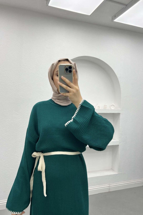 Embroidered Knit Dress Emerald Green