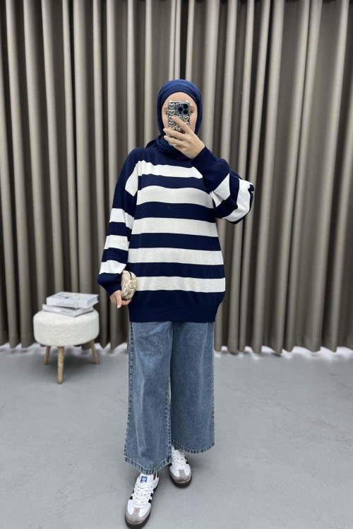 Thick Striped Sweater Navy Blue