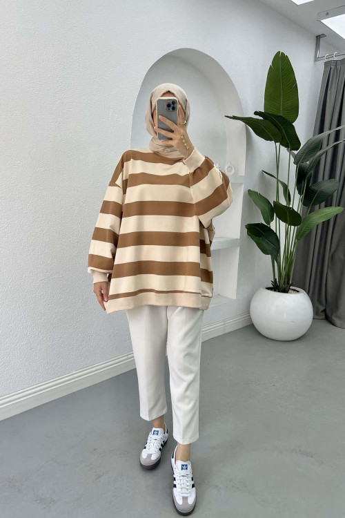 Thick Striped Oversize Sweatshirt Brown