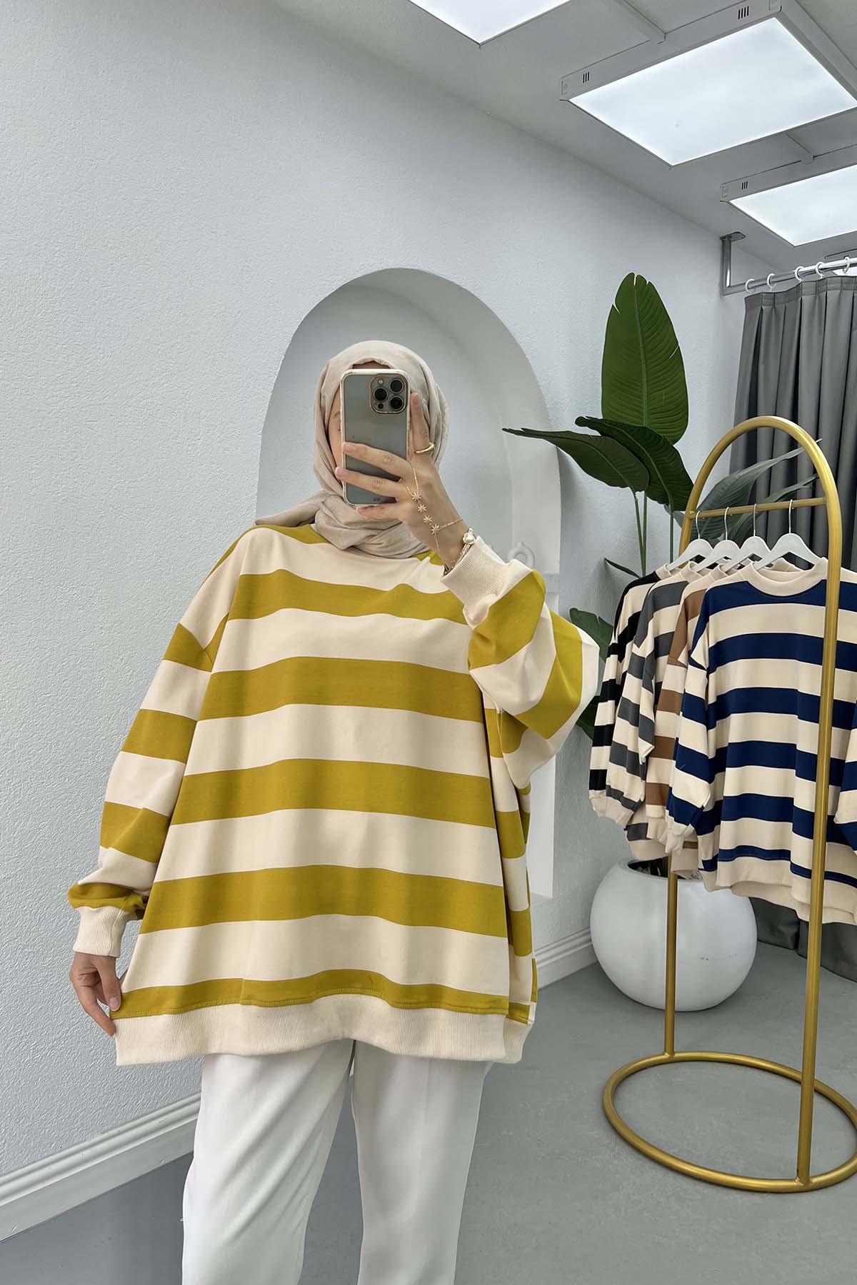 Thick Striped Oversize Sweatshirt Oil Green