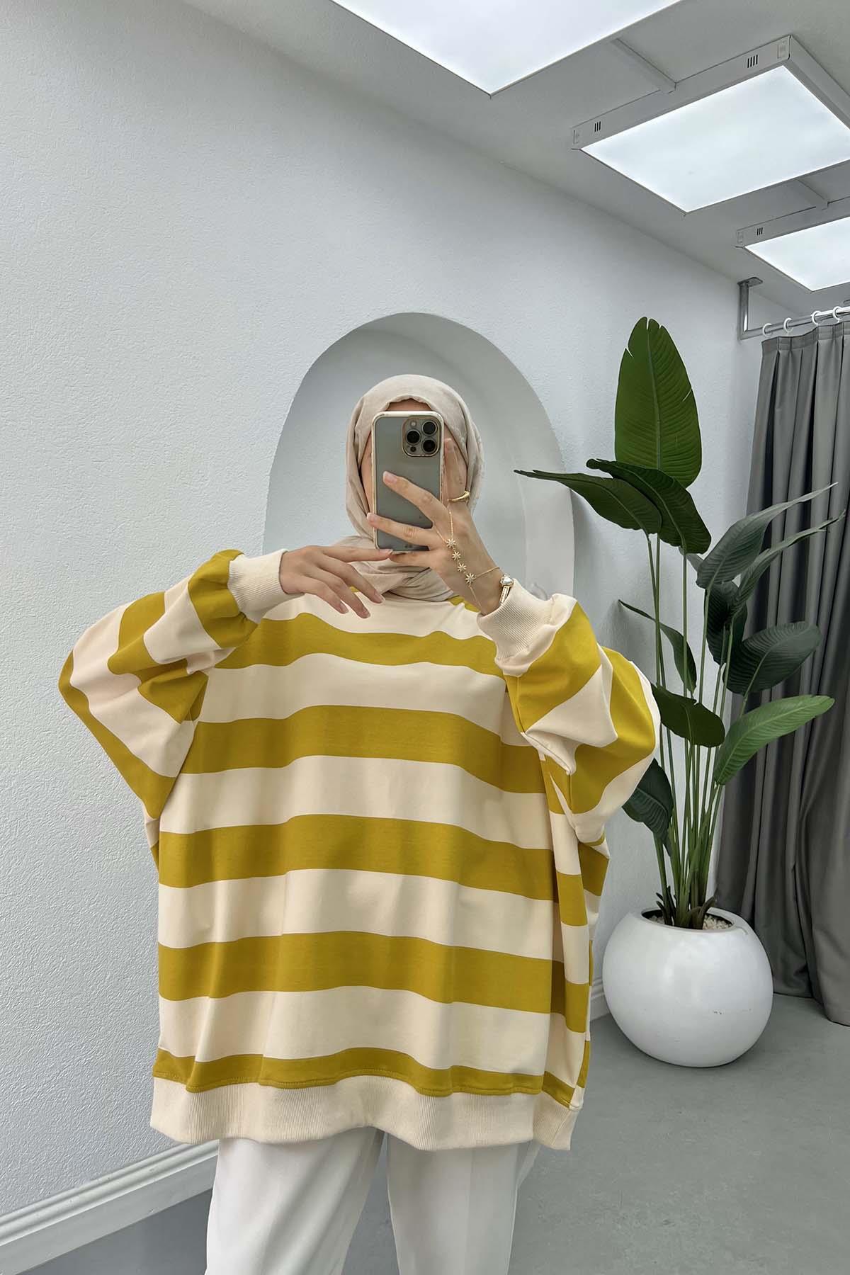 Thick Striped Oversize Sweatshirt Oil Green