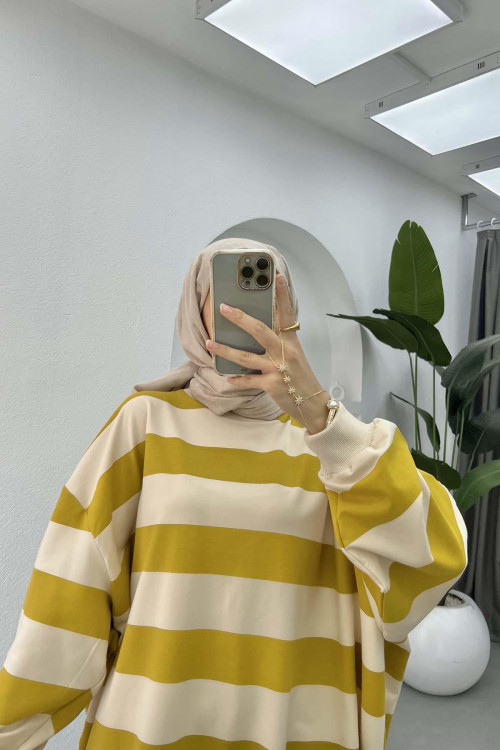 Thick Striped Oversize Sweatshirt Oil Green