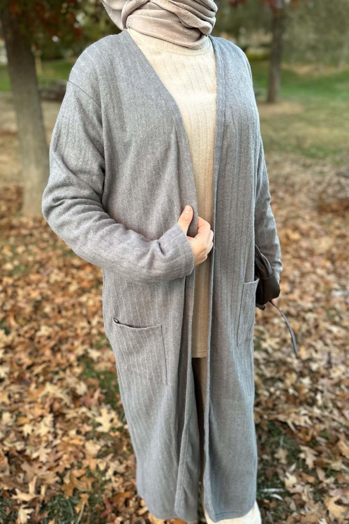 Thick Ribbed Long Cardigan Gray