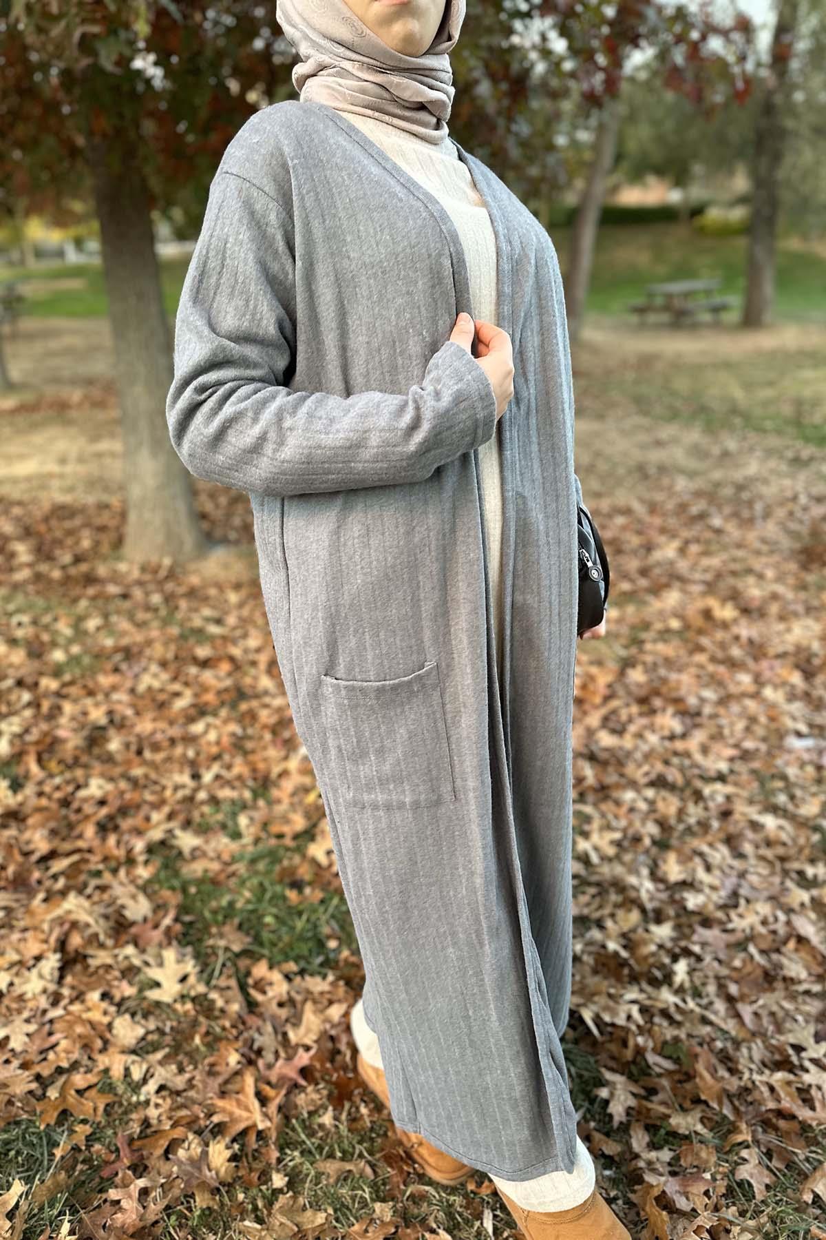 Thick Ribbed Long Cardigan Gray