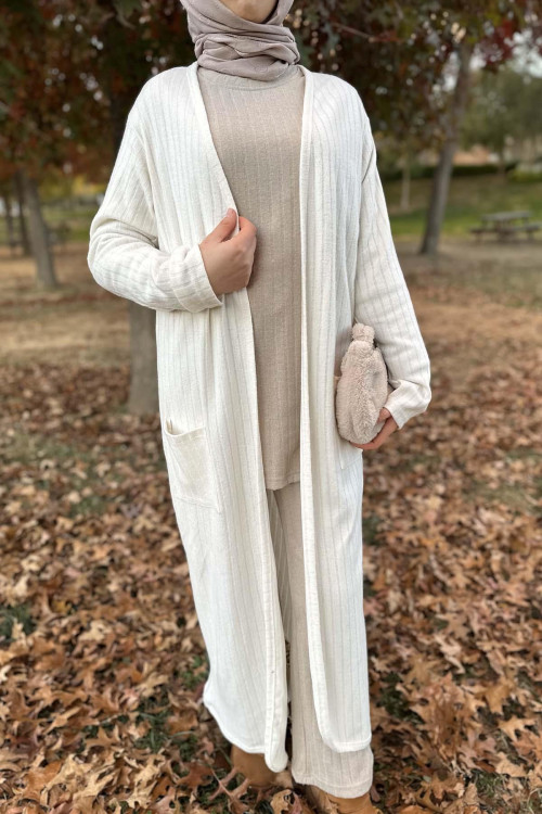 Thick Ribbed Long Cardigan Cream