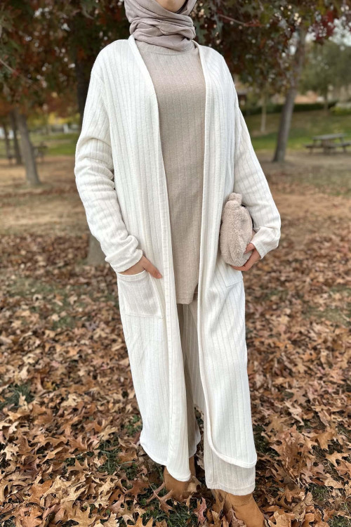 Thick Ribbed Long Cardigan Cream