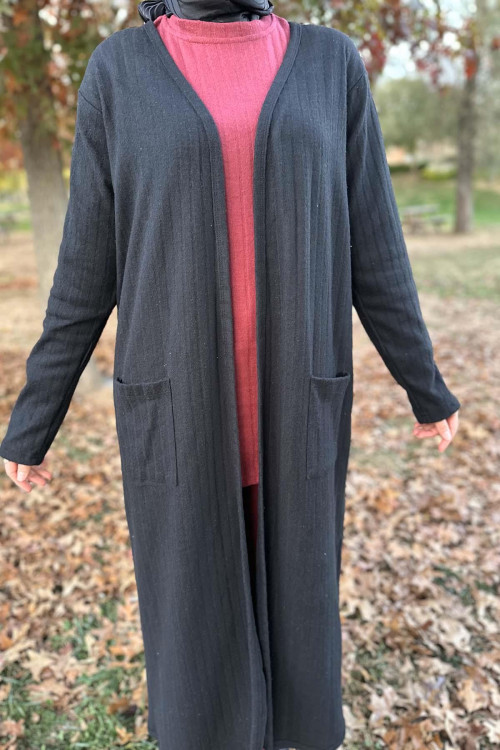 Thick Ribbed Long Cardigan Black