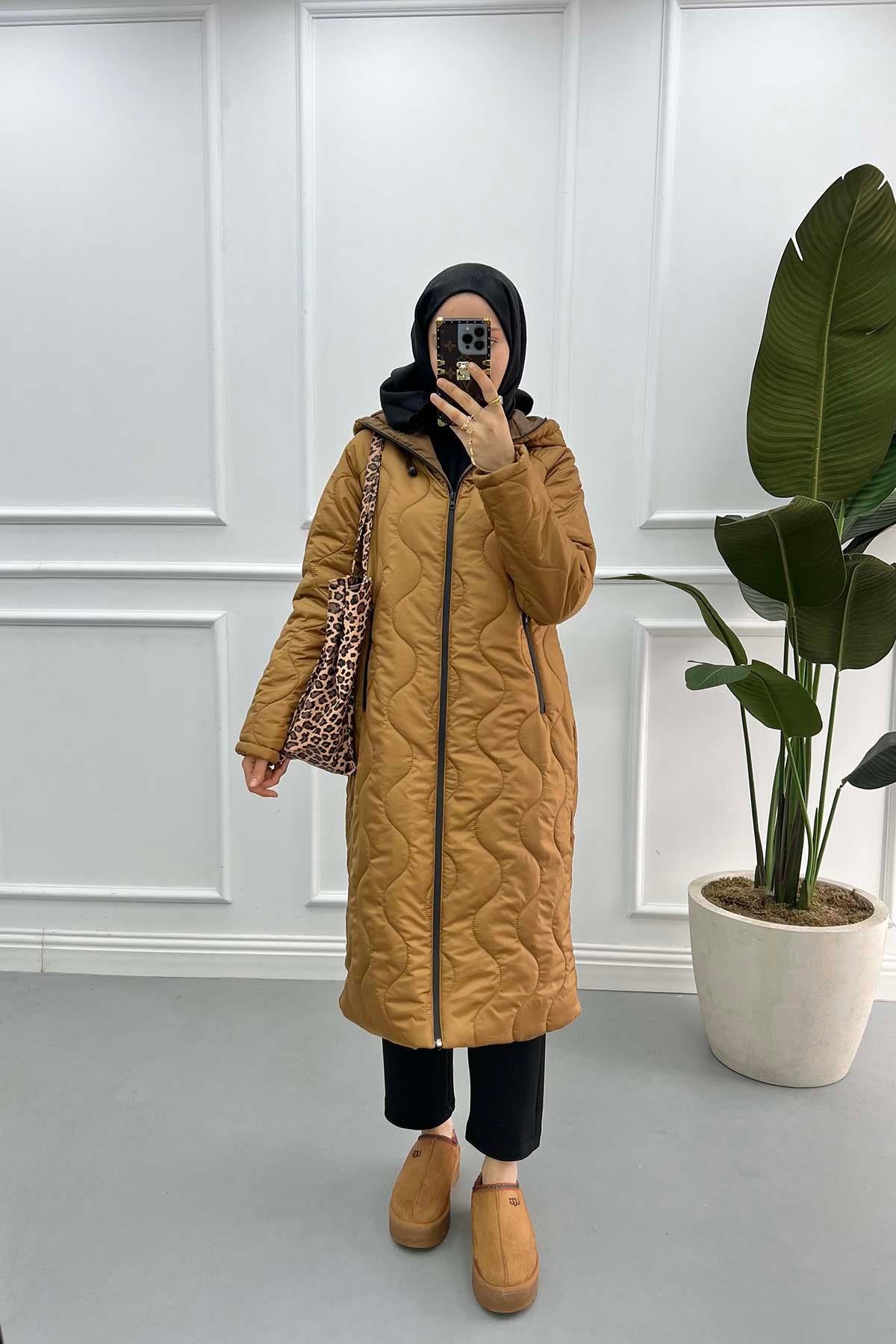 Quilted Long Coat Tan