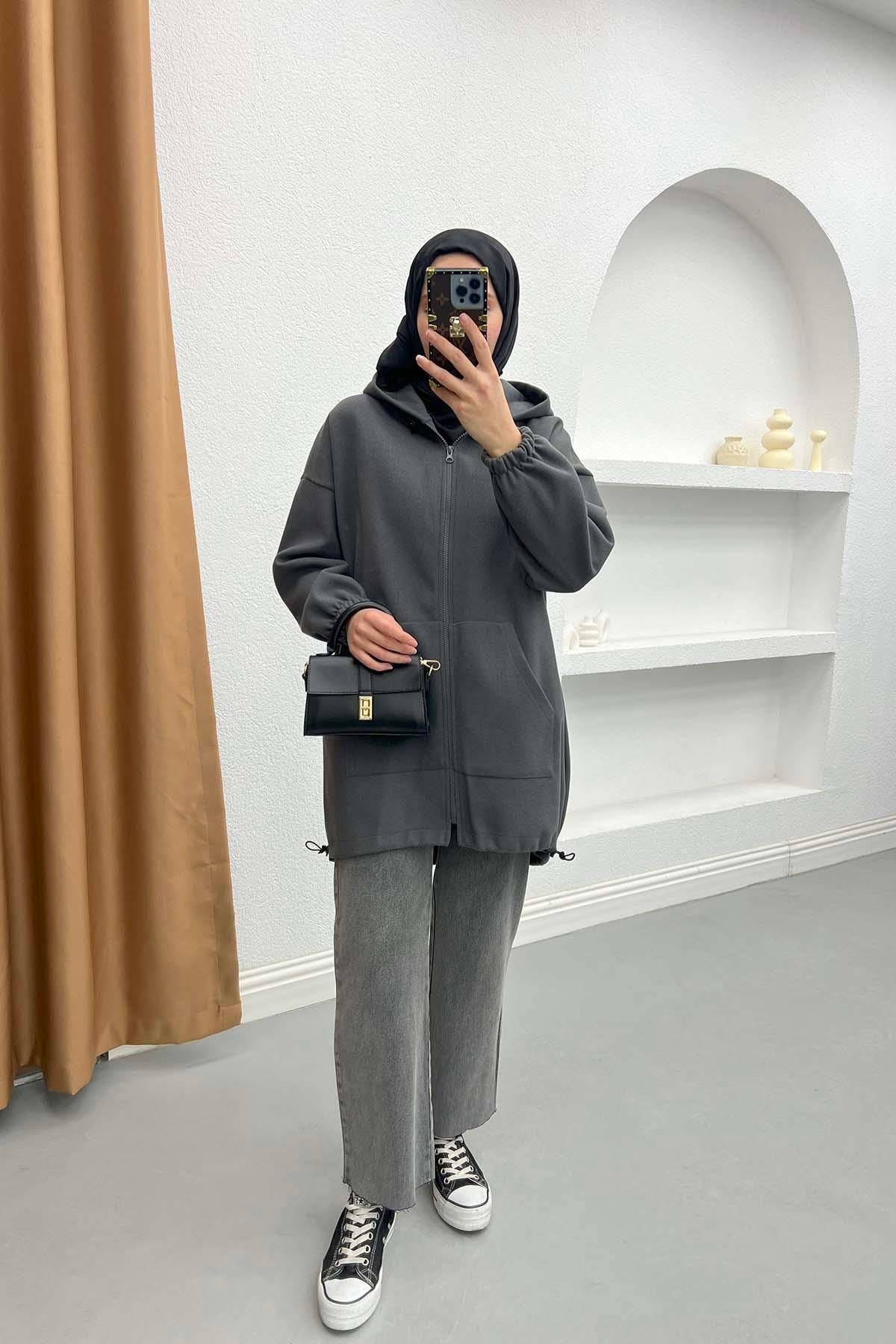 Hooded Zippered Tunic Gray