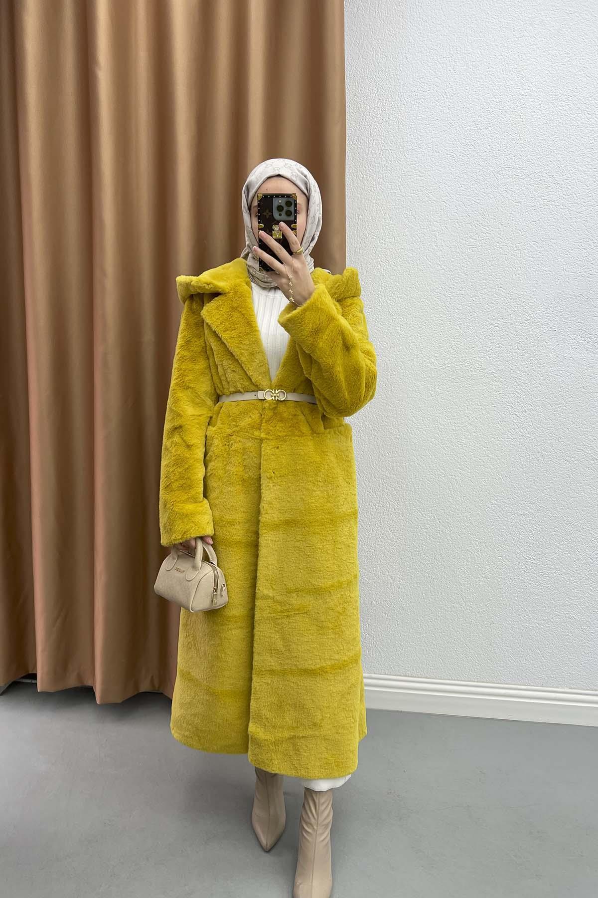 Hooded Fur Coat Mustard