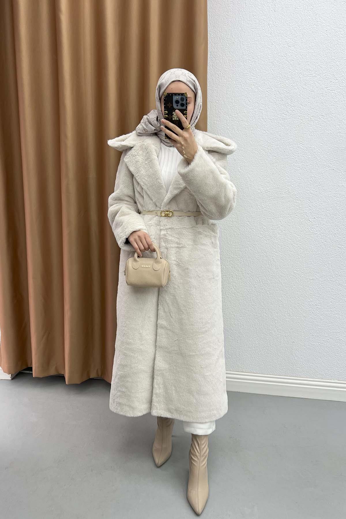 Hooded Fur Coat Stone