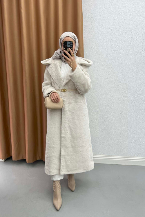 Hooded Fur Coat Stone