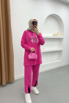 Hooded Leaf Patterned Knitwear Set Fuchsia