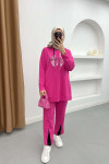 Hooded Leaf Patterned Knitwear Set Fuchsia