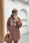 Hooded Leaf Patterned Knitwear Set Brown