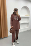 Hooded Leaf Patterned Knitwear Set Brown