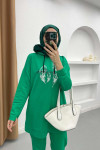 Hooded Leaf Patterned Knitwear Set Green