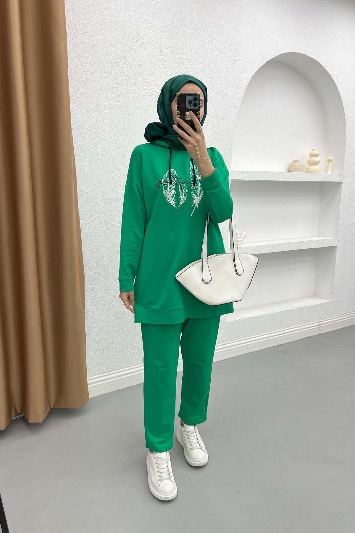 Hooded Leaf Patterned Knitwear Set Green