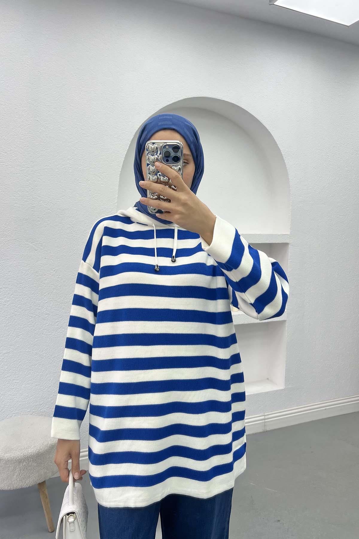 Striped Hooded Sweater Navy Blue