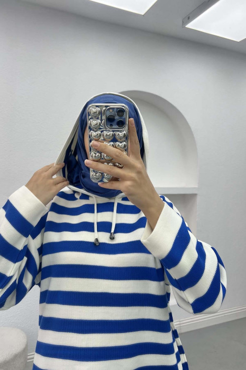 Striped Hooded Sweater Navy Blue