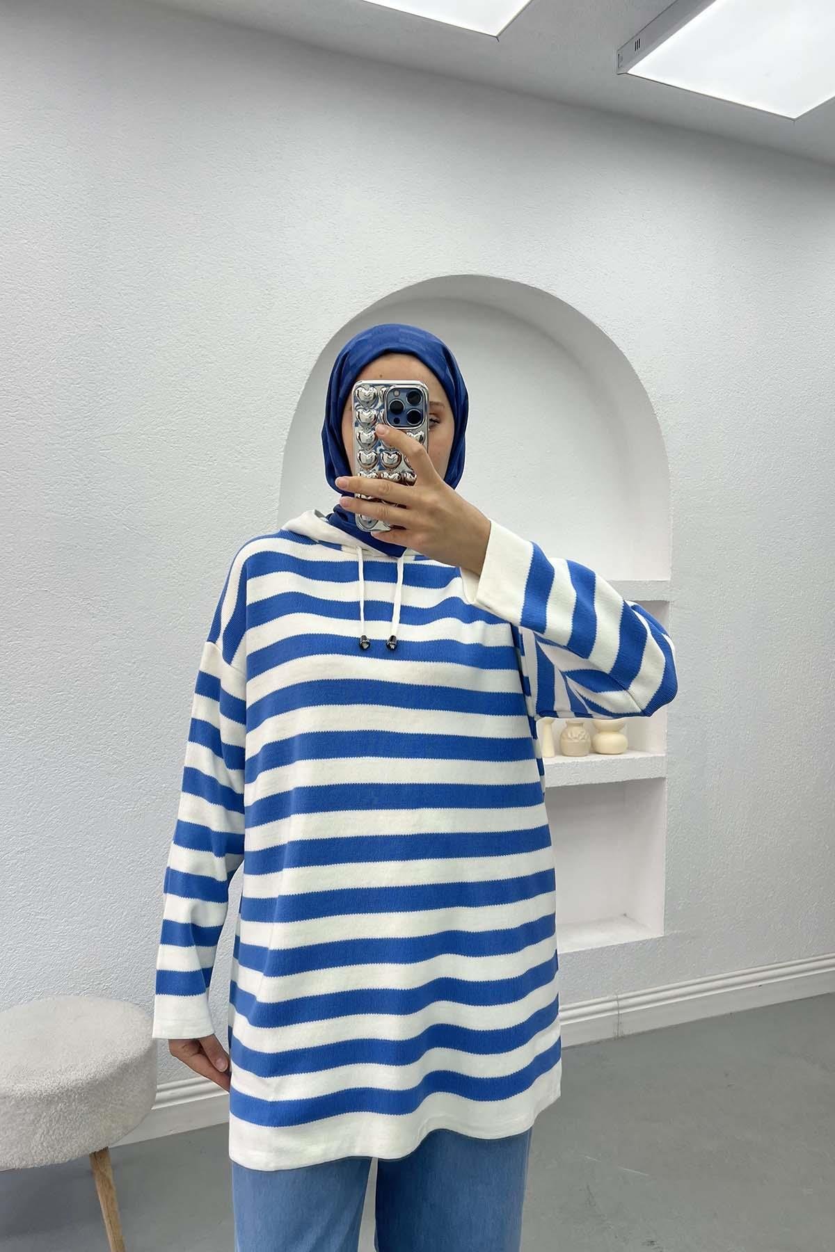 Striped Hooded Sweater Blue