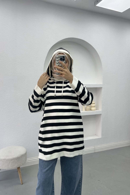 Striped Hooded Sweater Black