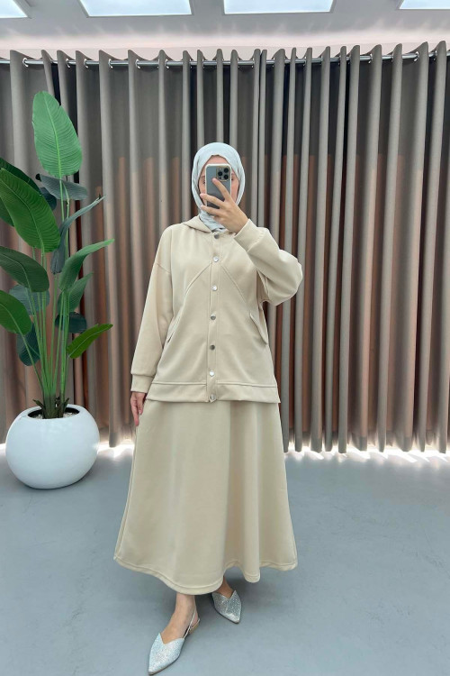 Hooded Skirt Set Beige