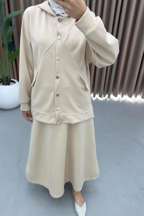 Hooded Skirt Set Beige