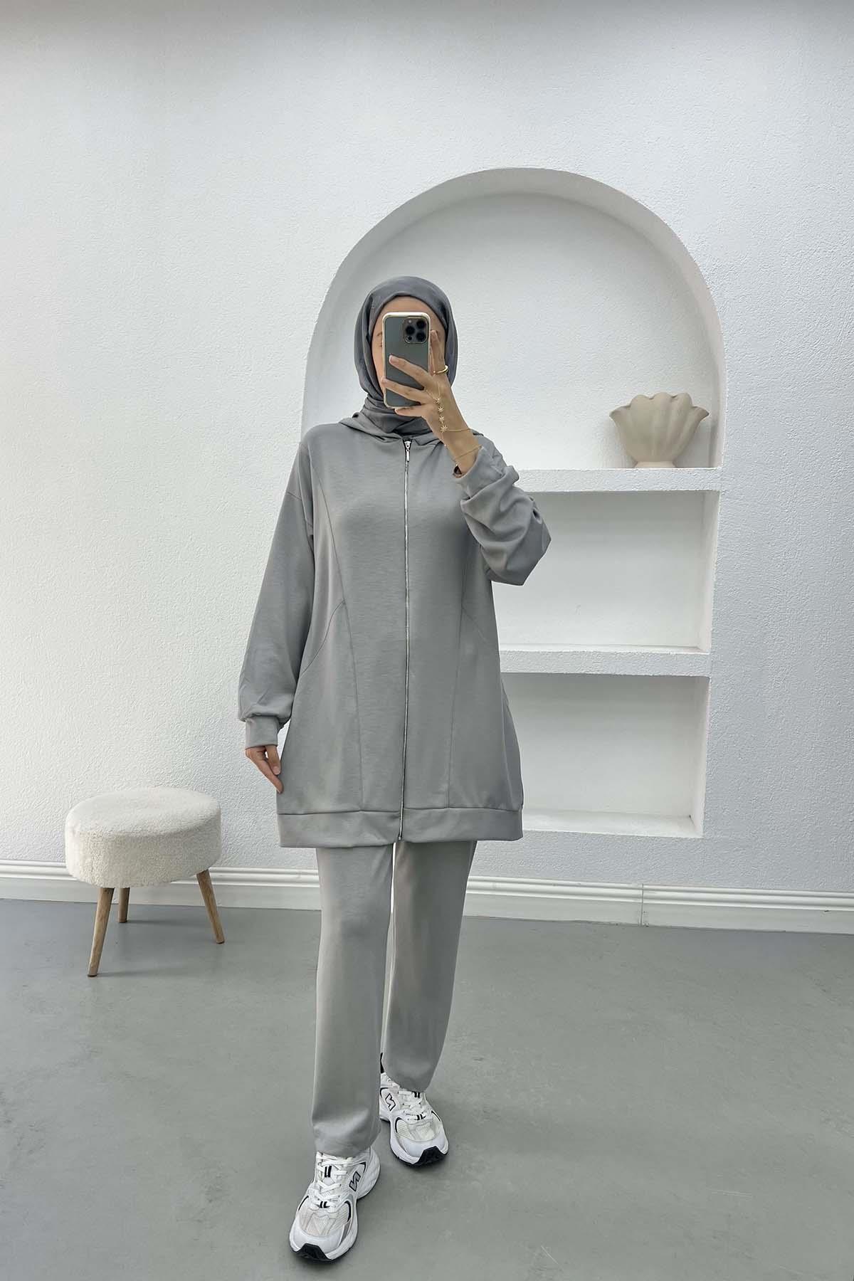 Hooded Zippered Suit Gray