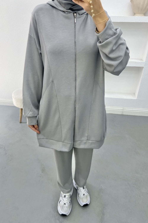 Hooded Zippered Suit Gray