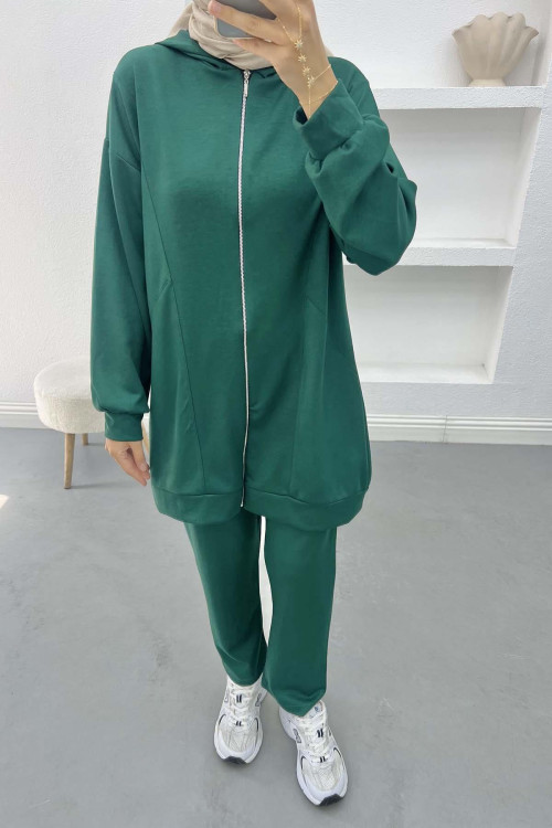 Hooded Zippered Suit Emerald Green