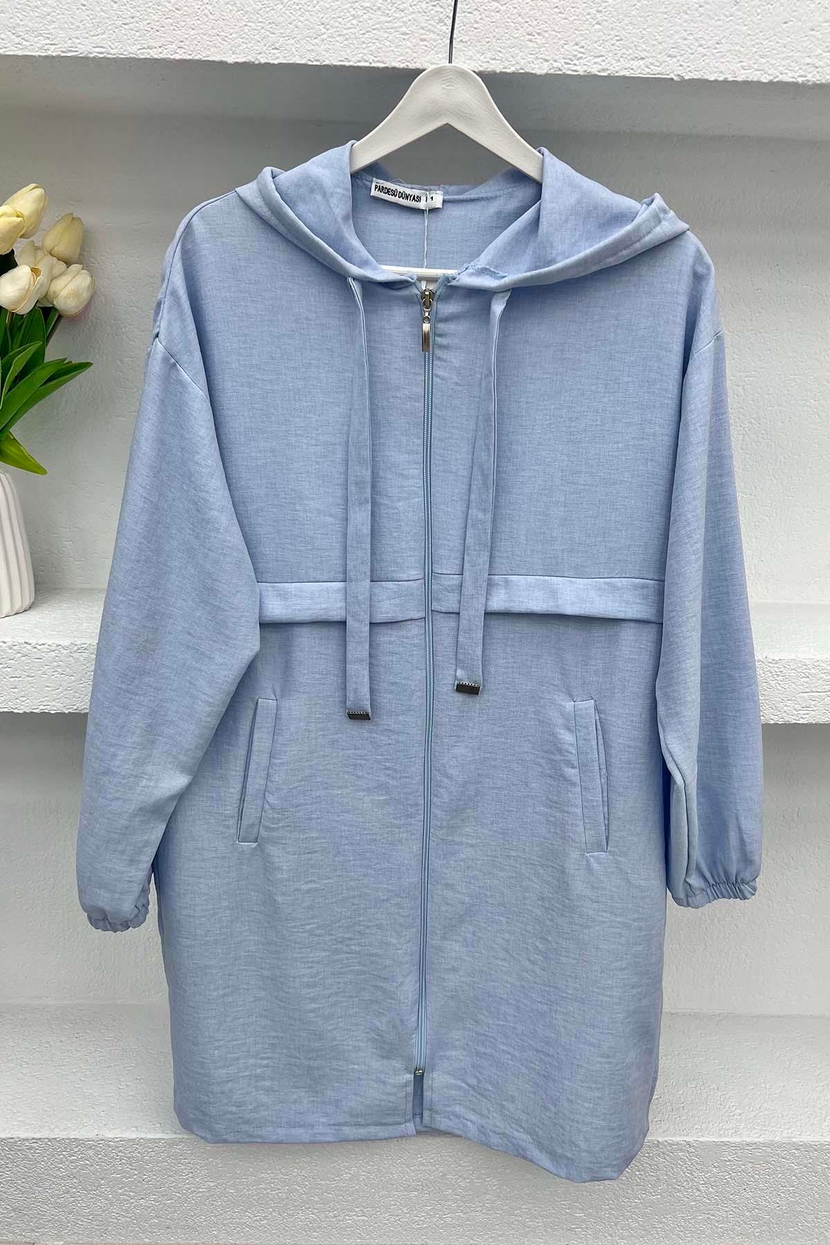 Hooded Zippered Coat Blue