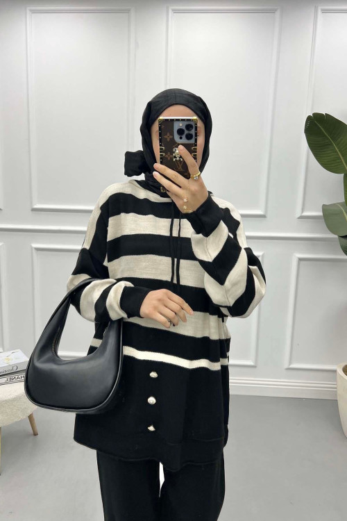 Hooded Thick Striped Suit Black