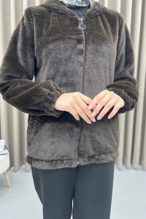 Hooded Fur Coat Bitter Coffee