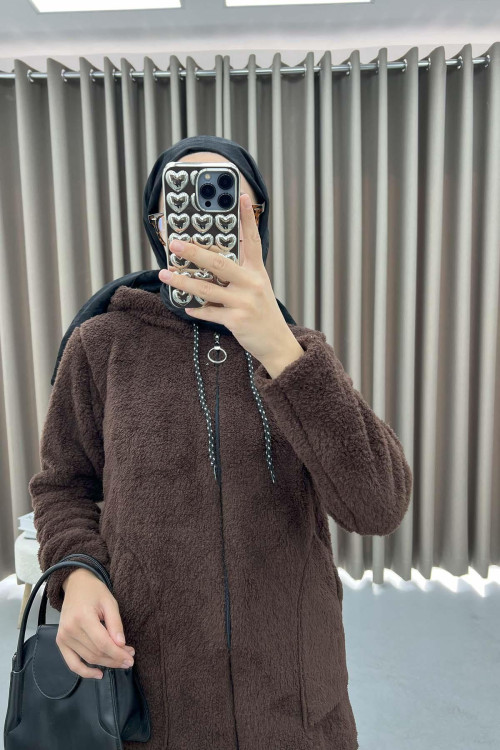 Hooded Plush Cardigan Bitter Coffee