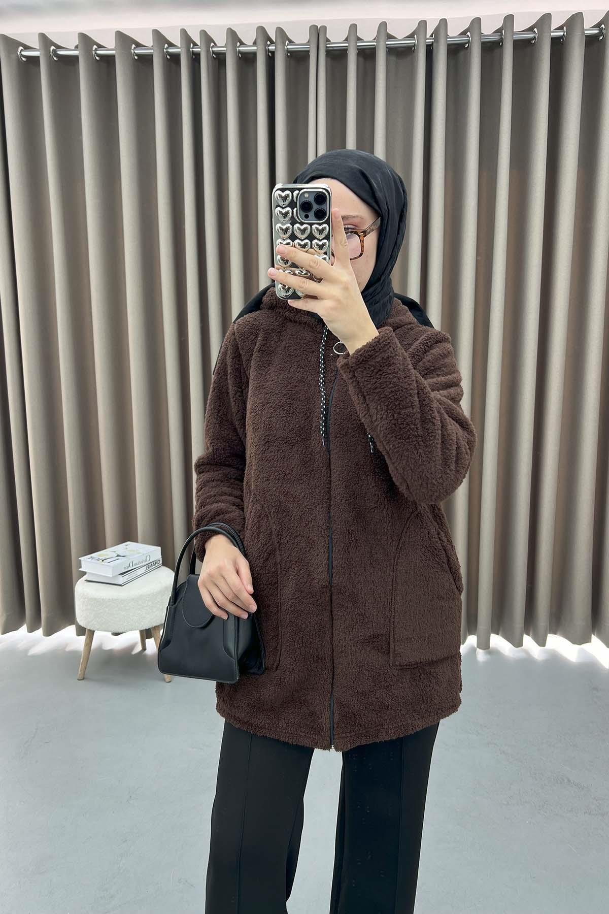 Hooded Plush Cardigan Bitter Coffee