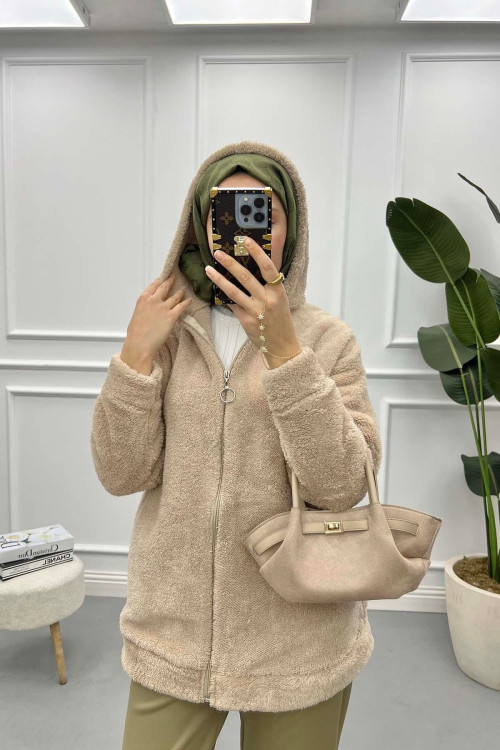 Hooded Plush Cardigan Beige