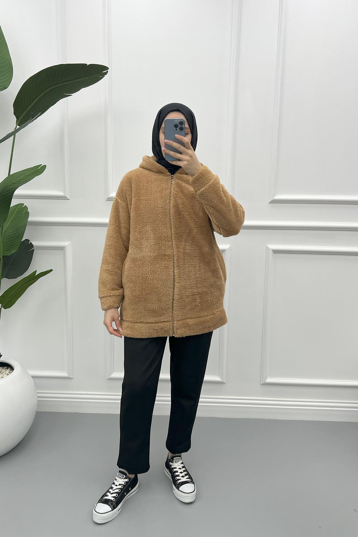 Hooded Plush Cardigan Brown