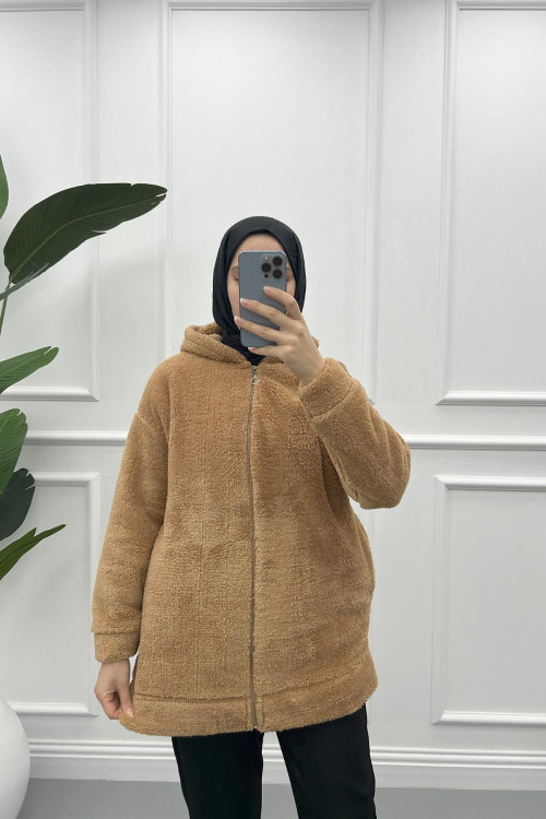 Hooded Plush Cardigan Brown