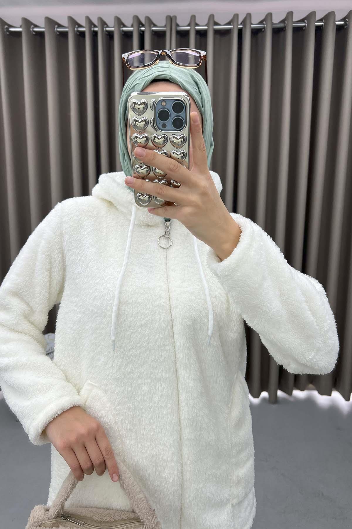 Hooded Plush Cardigan Cream