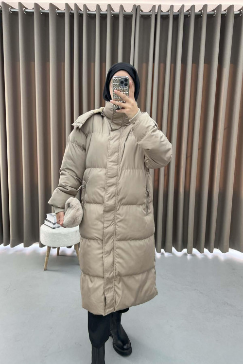 Hooded Long Puffer Jacket Beige