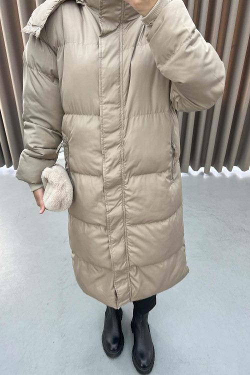 Hooded Long Puffer Jacket Beige