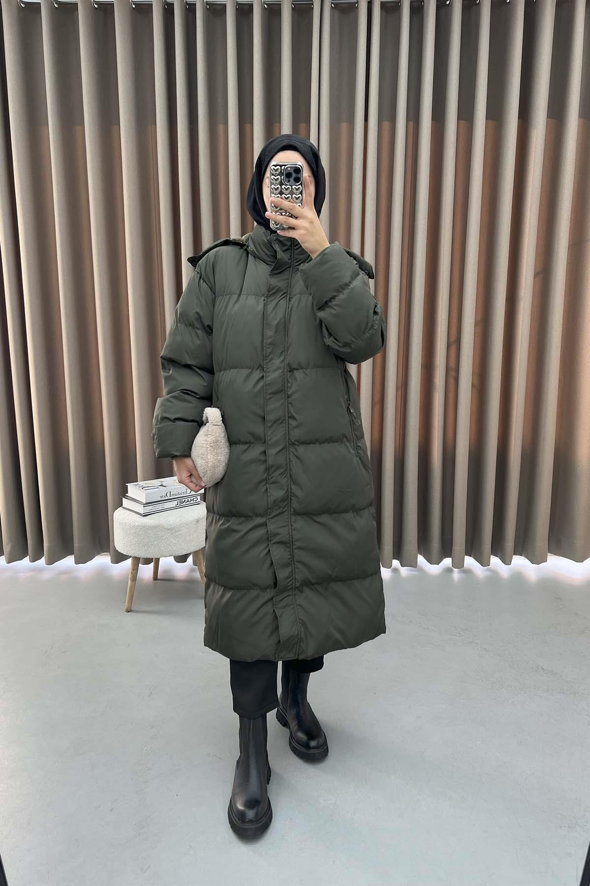 Hooded Long Puffer Jacket Khaki