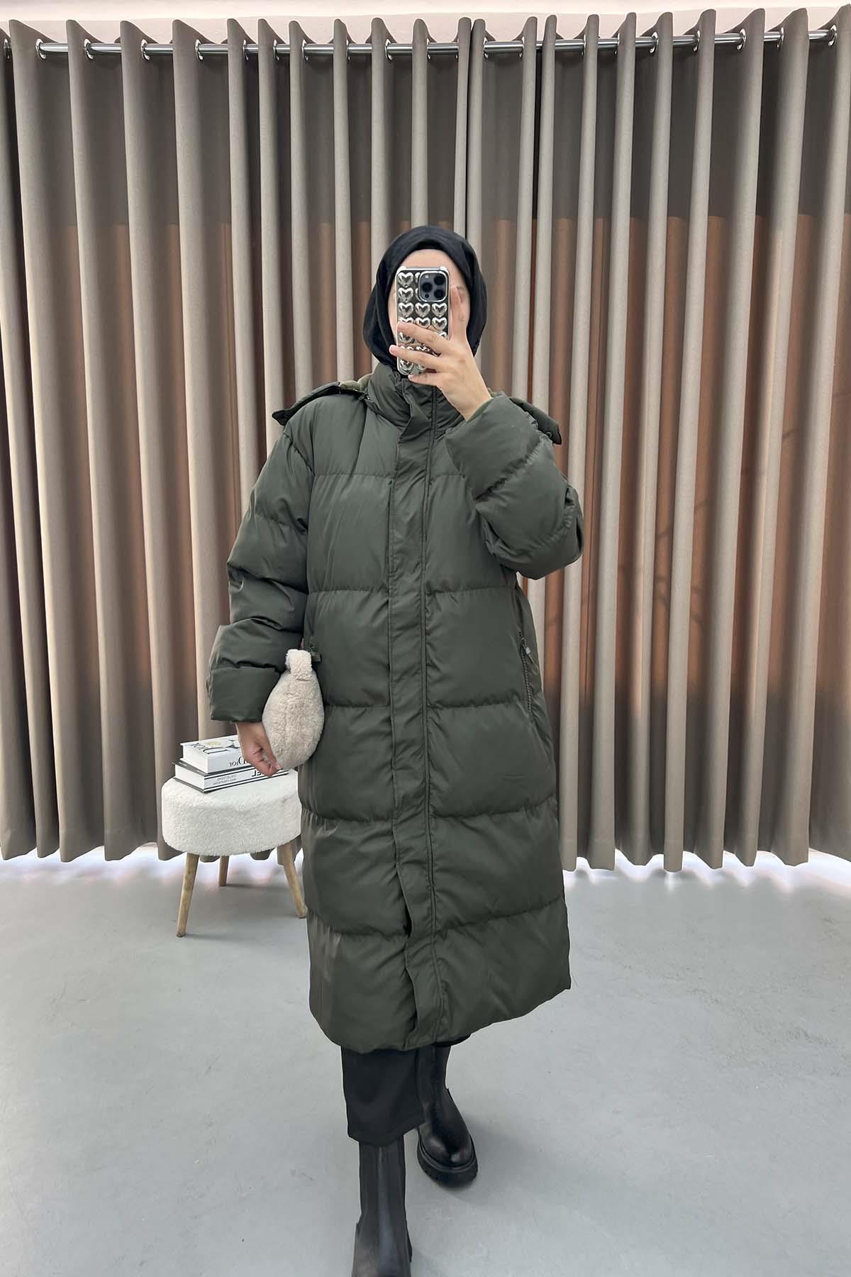 Hooded Long Puffer Jacket Khaki