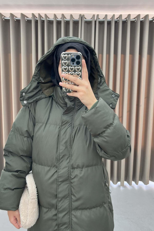 Hooded Long Puffer Jacket Khaki