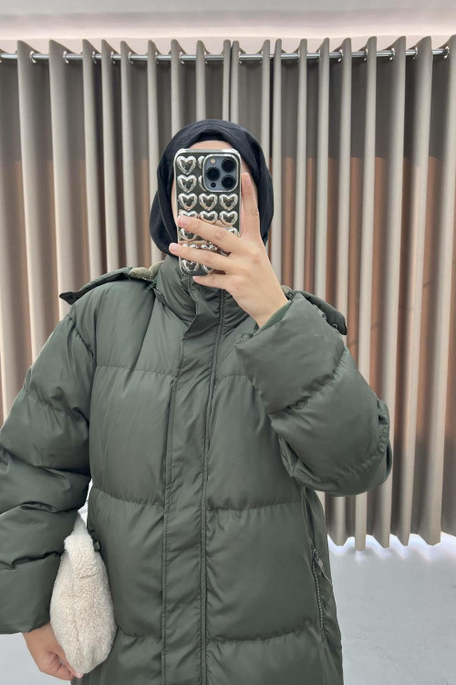 Hooded Long Puffer Jacket Khaki