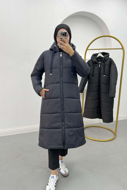 Long Hooded Puffer Jacket Navy Blue