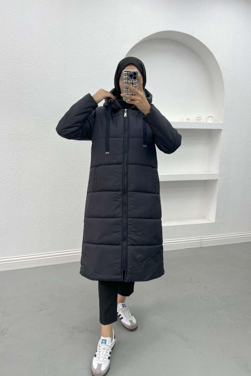 Long Hooded Puffer Jacket Navy Blue