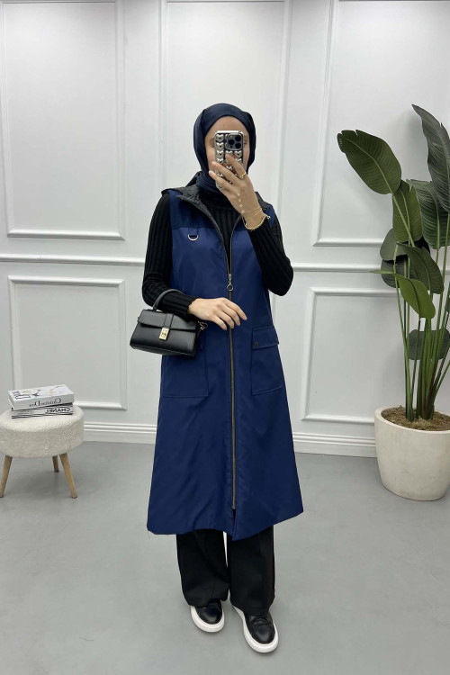 Long Hooded Vest Navy Blue