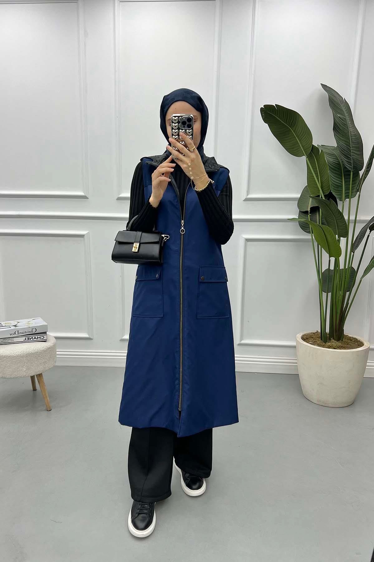 Long Hooded Vest Navy Blue